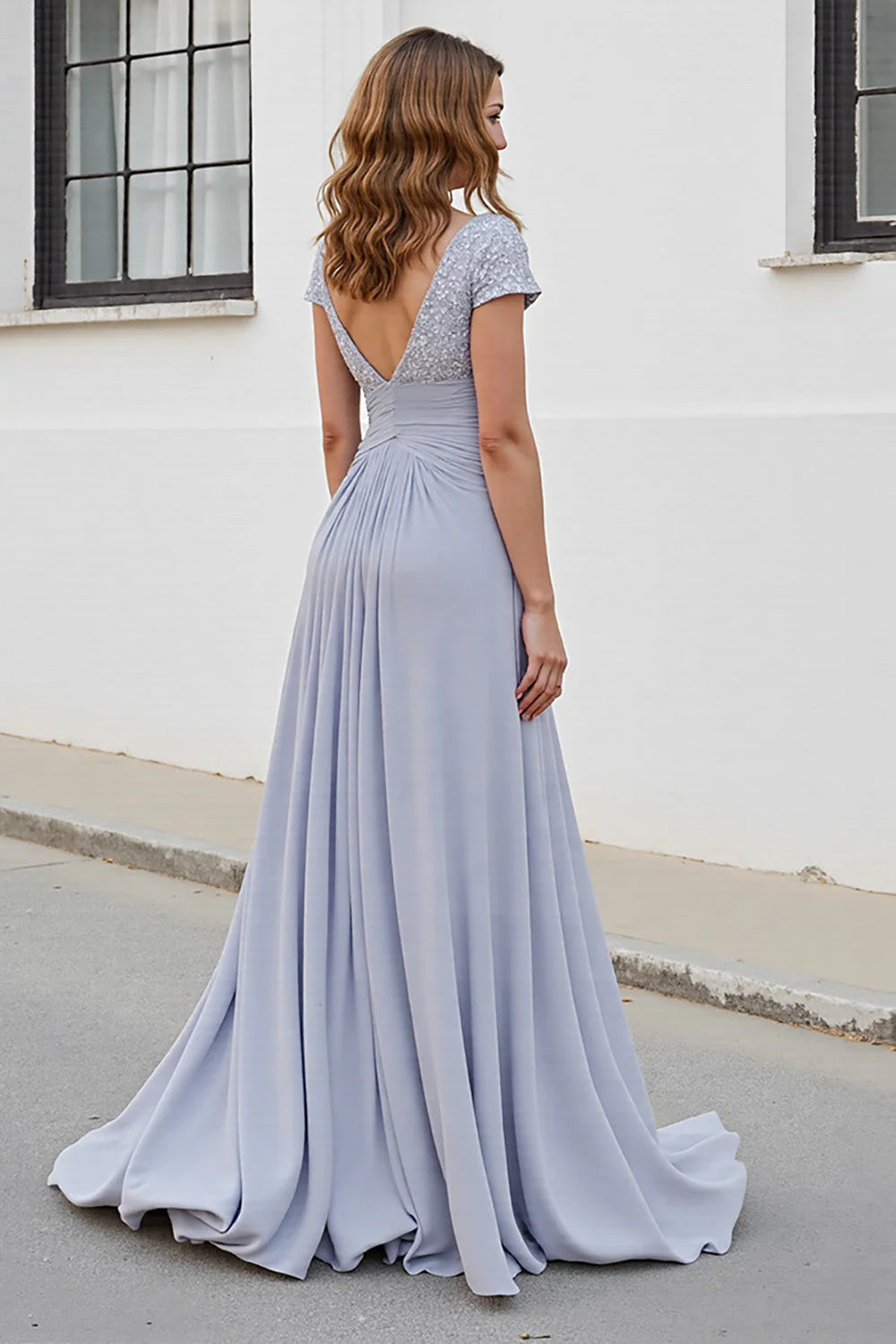 Silver Chiffon A Line Long V-Neck Full Of Charm Mother of Bride Dress